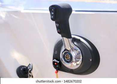 Motor Boat Throttle Control. Handle Gas On The Boat.