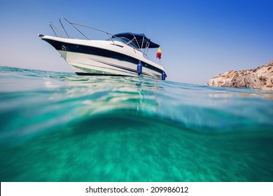 Motor Boat. View From Under The Water.