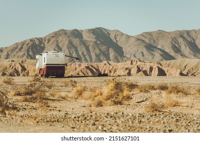 Motor Coach RV Southern California Desert Boondocking. Class A Diesel Pusher Motorhome Dry Camping in a Wild. Outdoors Pursuit Theme. - Shutterstock ID 2151627101