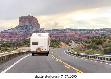 Motor Home On The Road. Road Trip. RV Camping. Left Side Driving