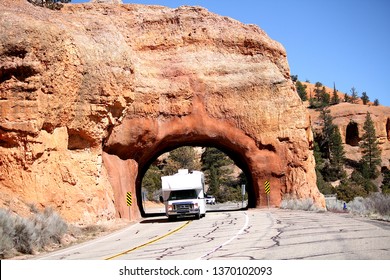 Motor Home RV Driving Through A Tunnel.