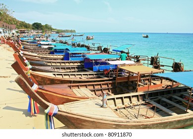 motor long tail boat parking at Phi Phi beach Phuket Thailand
