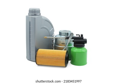 Motor oil, hand oiler and oil filters isolated on a white background. Car servicing, automotive industry or oil and filter replacing maintenance