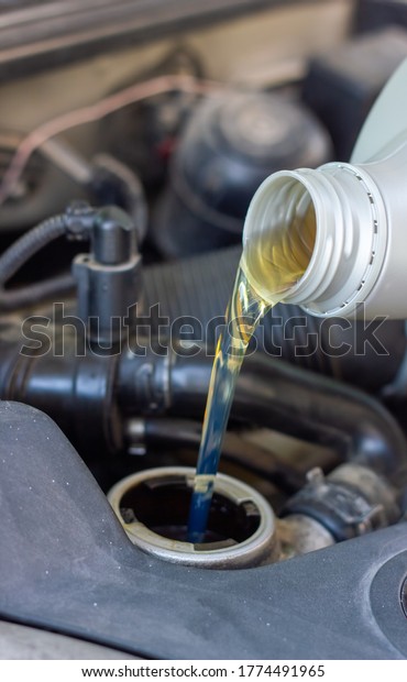 Motor oil pouring to car\
engine