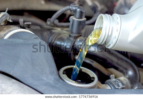 Motor oil pouring to car engine, car mechanic\
changing car oil
