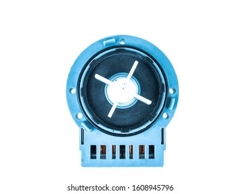 Motor pump with impeller of a washing machine on a white background. Repair of washing machines. Repair of dishwashers. The spare part. Appliances. Place for text.