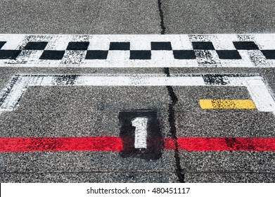 Motor Sport Starting Line Pole Position Sign On Asphalt Track