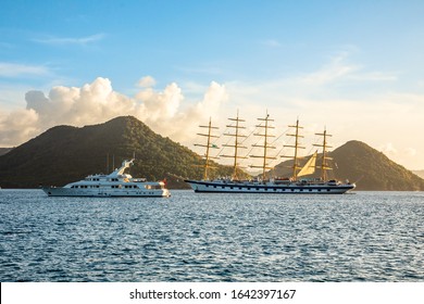 Motor Yacht And Big Naval Clipper Anchored At The Rodney Bay With , Rodney Bay, Saint Lucia, Caribbean Sea