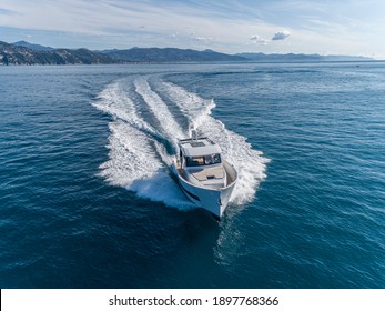 motor yacht in navigation aerial drone view