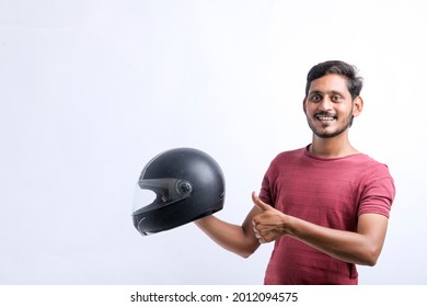 Motorbike Concept Young Man With Black Helmet On White Background.