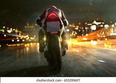 Motorbike Drives Through Night City