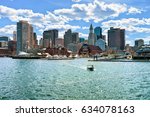 Motorboat at Long Wharf with Customhouse Block, Skyscrapers of Custom House and Financial District of Boston, MA, United States.
