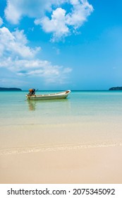 Motorboat on idyllic sandy beach, turquoise sea, Saracen Bay, Koh Rong Samloem island, Krong Preah Sihanouk, Sihanoukville, Cambodia - Shutterstock ID 2075345092
