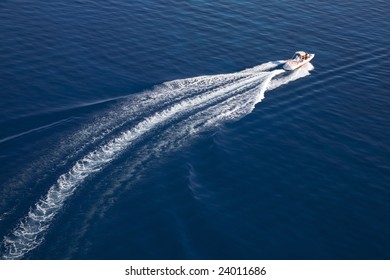 Motorboat On The Red Sea, White Foam Trail On Blue Water