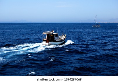 Motorboat. Small Boat Breaking Waves In The Sea. Motorboat In Motion.