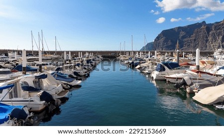 Motorboats and yachts moored at port in Los Gigantes on Tenerife, Canary Islands, Spain