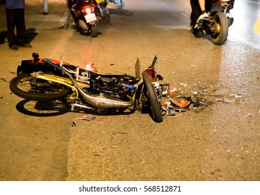 Motorcycle Accident On Road At Night 