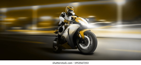 Motorcycle From Behind On The Country Road At High Speed Dynamic And Fast.