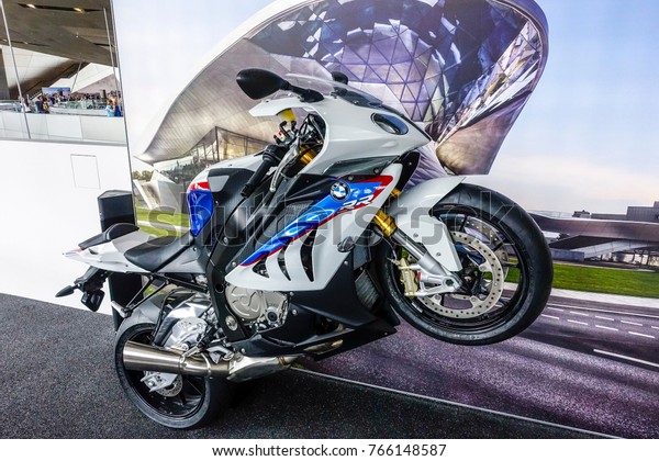motorcycle in the BMW\
World, delivery and experience center, Munich, Bavaria, Germany,\
Europe, 12. July\
2014
