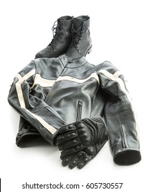 Motorcycle Boots, Jacket And Gloves Isolated On White Background.