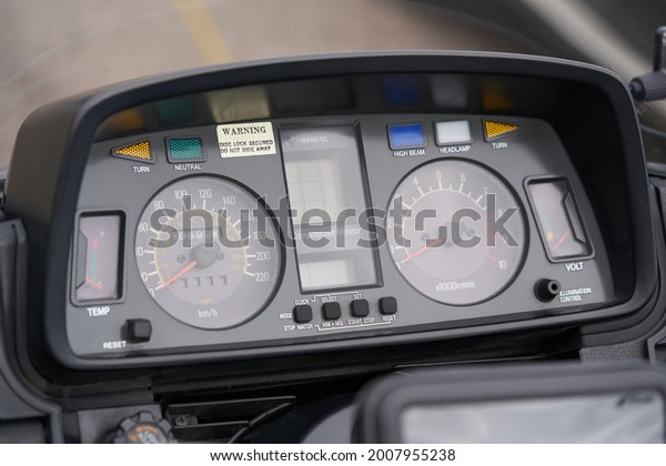 Motorcycle control panel with speedometer\
dashboard in\
motorcycle.