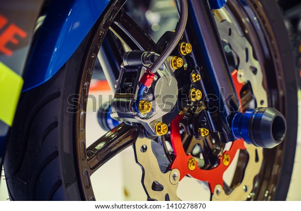 Motorcycle disk brake with\
ABS system .Front wheel Motorcycle big bike.Upside down shock\
absorber system.