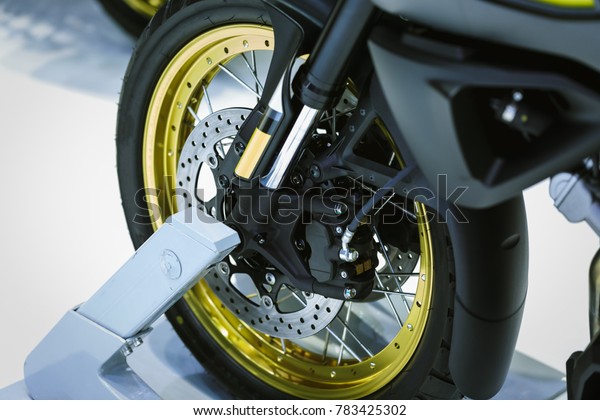 Motorcycle disk brake with\
ABS system . Front wheel Motorcycle big bike.Upside down shock\
absorber system.