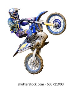motorcycle Enduro rider in flight, on a white background to clip