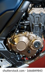 Motorcycle engine close-up detail background.