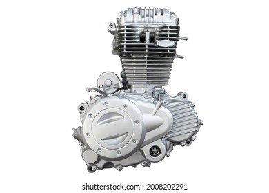 Motorcycle engine isolated on white background. Air cooled internal combustion engine for motorcycle, snowmobile or ATV.  Silver engine close up. Isolated engine - Powered by Shutterstock