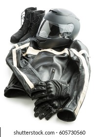 Motorcycle Helmet, Gloves, Jacket And Boots Isolated On White Background.