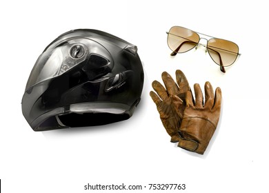 Motorcycle Helmet, Leather Gloves, Sunglasses On White Background. Motorcycle Gear - Biker Stuff