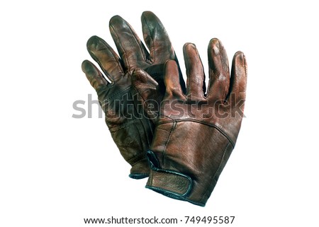 Motorcycle leather gloves with vintage colors on white background. Biker outfit.
