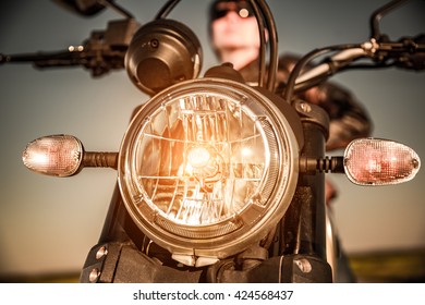 Motorcycle On The Road Motorcycle Headlamp Closeup