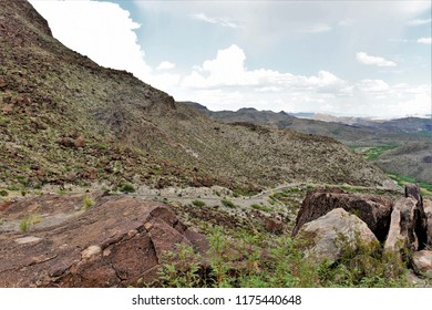 A Motorcycle Parade Winds Up The Mountainous Road On The Texas Side Of The Rio Grande River. 