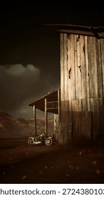 A motorcycle parked in front of a rustic barn, showcasing the rural setting of the scene.
