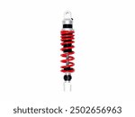 Motorcycle rear suspension shock absorber with a vibrant red coil spring and an attached black reservoir, designed to enhance ride comfort and stability.