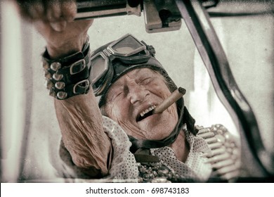 Motorcycle Rider Old Crazy Face Grandmother  - Easy Living Gangster Style - Old Lady With A Cuban Cigar - Street Motorbike Gang - Funny Granny Ridding A Chopper Bike