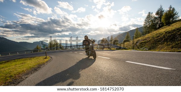 Motorcycle Rider On Mountain Road Wide Stock Photo 1814752070 ...