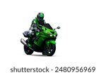 Motorcycle rider sitting on a green sport bike isolated on white background