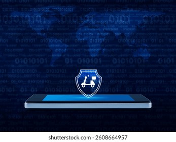 Motorcycle with shield icon on modern smart mobile phone screen over world map and computer binary code, Business motorbike insurance online concept, Elements of this image furnished by NASA