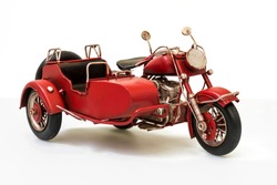 Motorcycle With Sidecar, Old Metal Toy, Isolated On White