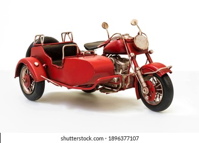 Motorcycle With Sidecar, Old Metal Toy, Isolated On White