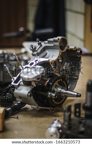 Motorcycle single cylinder engine on a table