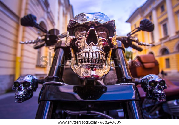 Motorcycle with skulls. Motorbike with skull. St.\
Petersburg. 14. 08.\
2016