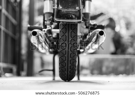 Similar – Image, Stock Photo Wheel and exhaust pipe of motorcycle on road