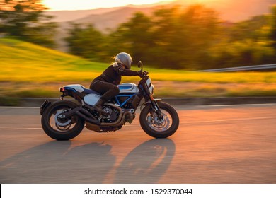 Motorcycle Woman Sunset Riding Cafe Racer