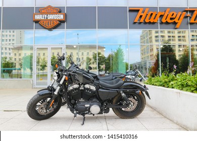 Motorcycles near the salon Harley-Davidson. American motorcycle manufacturer and certified supplier of military products for the US Armed Forces. Belarus, Minsk, June 28, 2018
