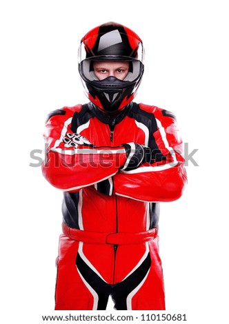 Motorcyclist biker in red equipment on white background