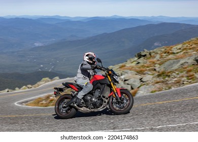 Motorcyclist Going Up Mount Washington On Auto Road